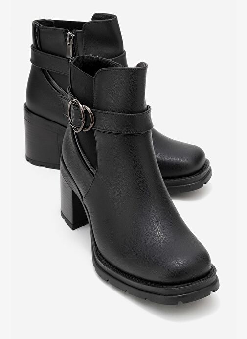 HEİLE Siyah Cilt Tokalı Kadın Kalın Topuklu Bot - Görsel 2