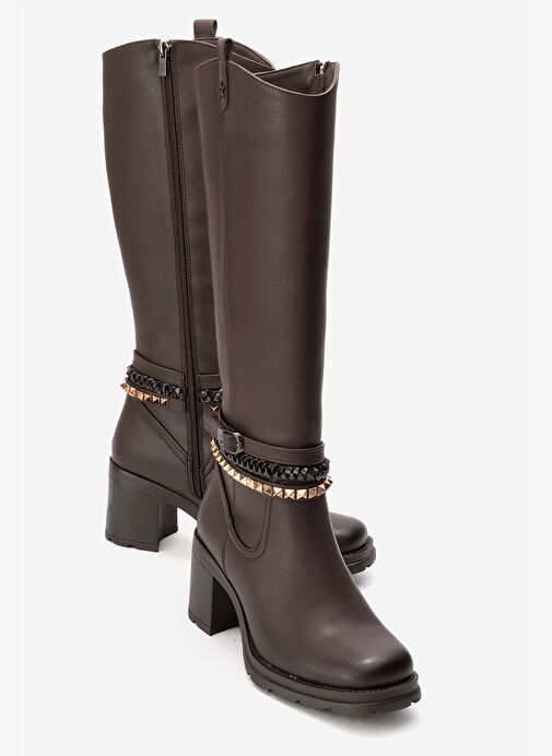 VIORRA Kahverengi Cilt Kayışlı Kadın Kalın Topuklu Çizme - Görsel 2