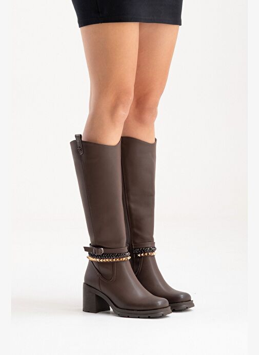 VIORRA Kahverengi Cilt Kayışlı Kadın Kalın Topuklu Çizme - Görsel 3