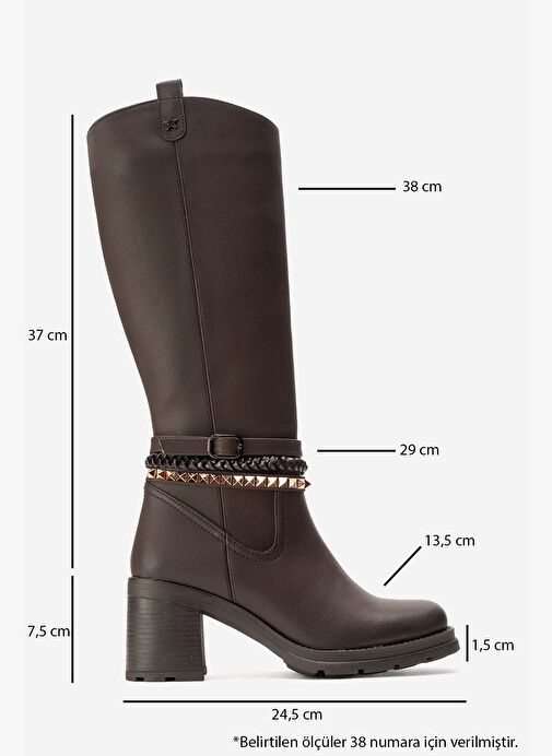 VIORRA Kahverengi Cilt Kayışlı Kadın Kalın Topuklu Çizme - Görsel 8