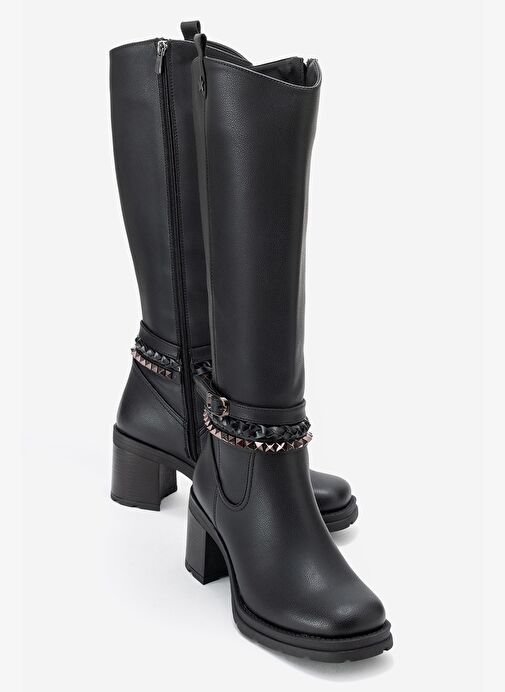 VIORRA Siyah Cilt Kayışlı Kadın Kalın Topuklu Çizme - Görsel 2