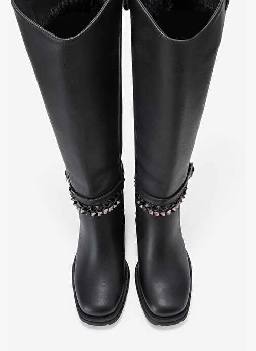 VIORRA Siyah Cilt Kayışlı Kadın Kalın Topuklu Çizme - Görsel 3