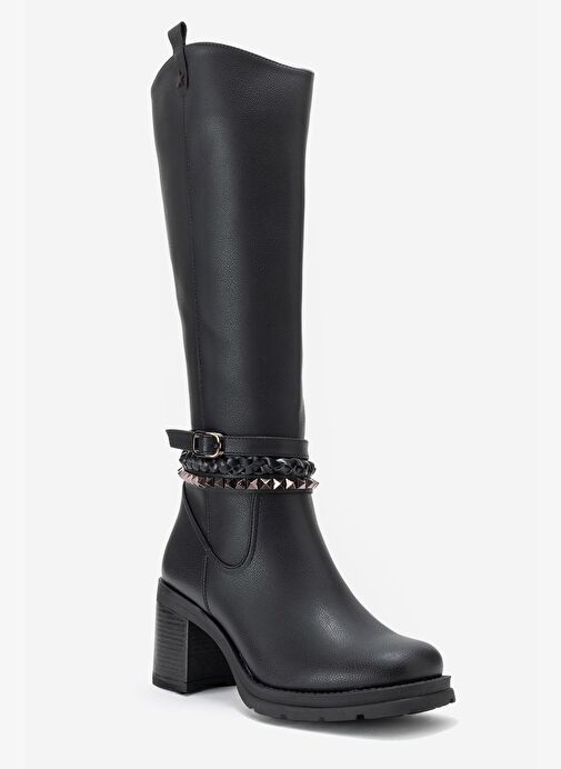 VIORRA Siyah Cilt Kayışlı Kadın Kalın Topuklu Çizme - Görsel 4