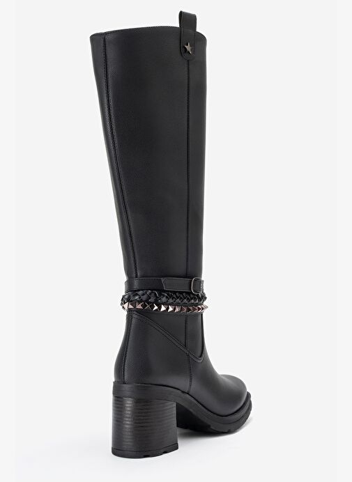 VIORRA Siyah Cilt Kayışlı Kadın Kalın Topuklu Çizme - Görsel 6