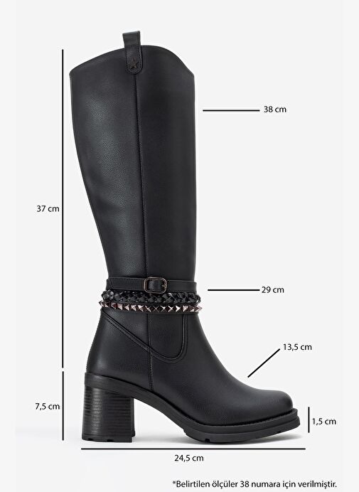 VIORRA Siyah Cilt Kayışlı Kadın Kalın Topuklu Çizme - Görsel 7
