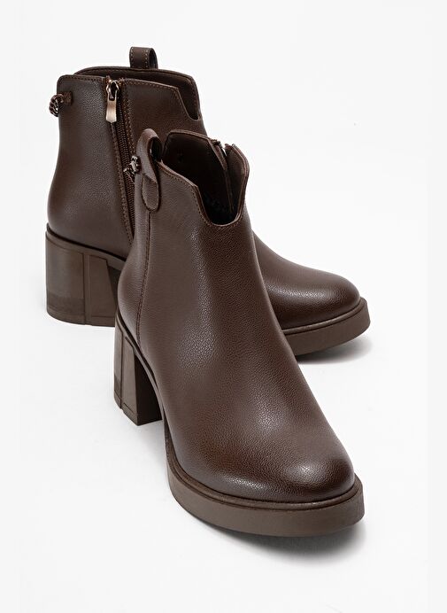MİER Kahverengi Cilt Zincir Detaylı Kadın Kalın Topuklu Bot - Görsel 2