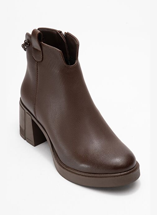 MİER Kahverengi Cilt Zincir Detaylı Kadın Kalın Topuklu Bot - Görsel 4