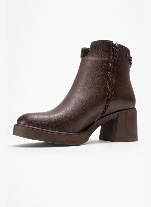 MİER Kahverengi Cilt Zincir Detaylı Kadın Kalın Topuklu Bot - Görsel 5