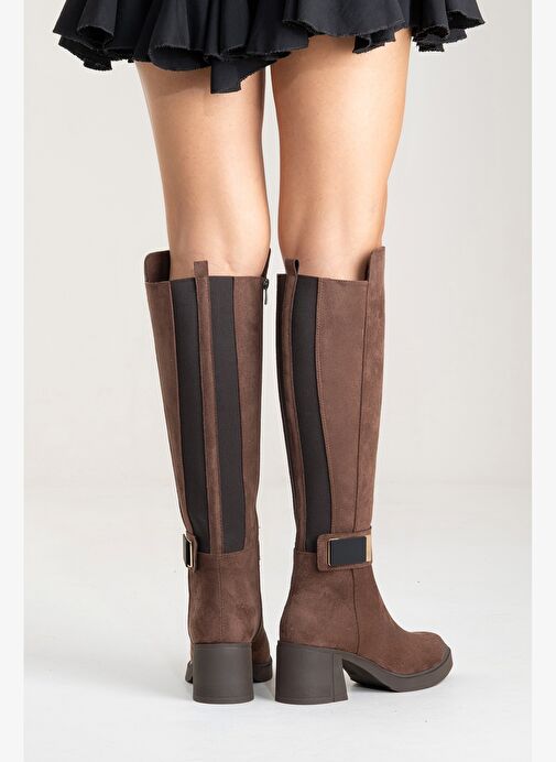 Luvi Shoes Luvi Shoes Belirsiz MORENİ Kahverengi Süet Streç Detaylı Tokalı Kadın Kalın Topuklu Çizme Bot | Boyner Belirsiz - 9. görsel