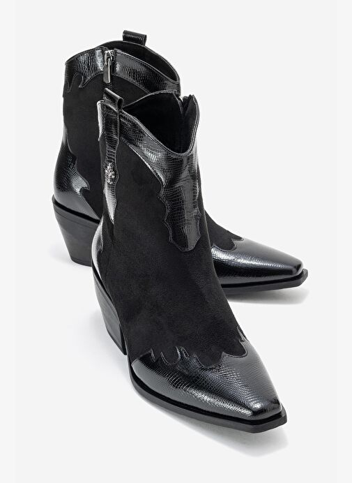 LOEL Siyah Süet Siyah Desenli Kadın Kalın Topuklu Western Bot - Görsel 2