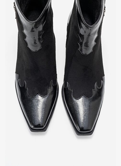 LOEL Siyah Süet Siyah Desenli Kadın Kalın Topuklu Western Bot - Görsel 3