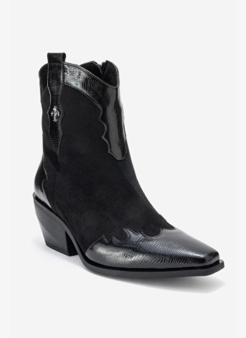 LOEL Siyah Süet Siyah Desenli Kadın Kalın Topuklu Western Bot - Görsel 4