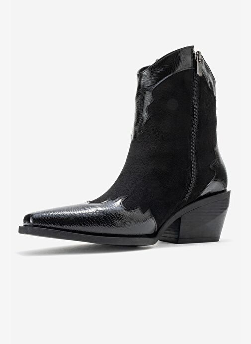 LOEL Siyah Süet Siyah Desenli Kadın Kalın Topuklu Western Bot - Görsel 5