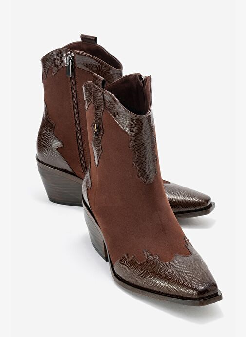 LOEL Kahverengi Süet Kahverengi Desenli Kadın Kalın Topuklu Western Bot - Görsel 2