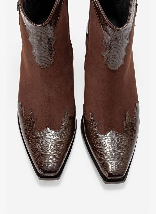 LOEL Kahverengi Süet Kahverengi Desenli Kadın Kalın Topuklu Western Bot - Görsel 3