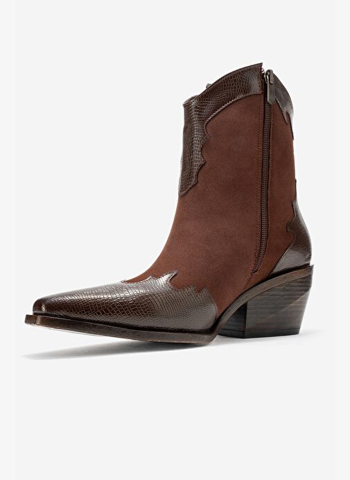 LOEL Kahverengi Süet Kahverengi Desenli Kadın Kalın Topuklu Western Bot - Görsel 5