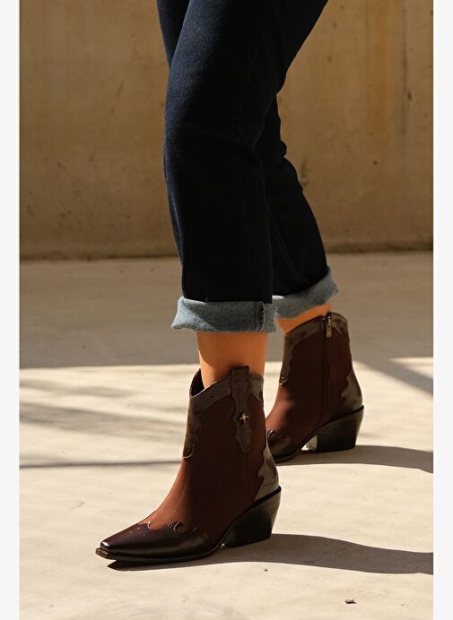 LOEL Kahverengi Süet Kahverengi Desenli Kadın Kalın Topuklu Western Bot - Görsel 8