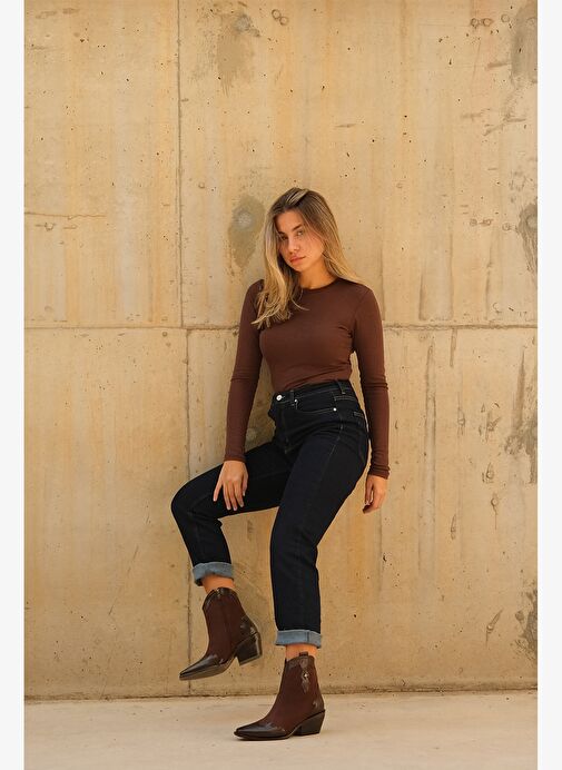 LOEL Kahverengi Süet Kahverengi Desenli Kadın Kalın Topuklu Western Bot - Görsel 9