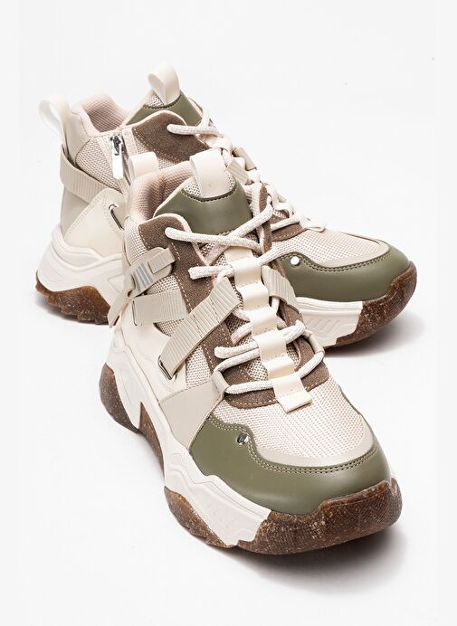 CLARA Bej Yeşil Fermuarlı ve Bağcıklı Kadın Spor Bot - Görsel 2