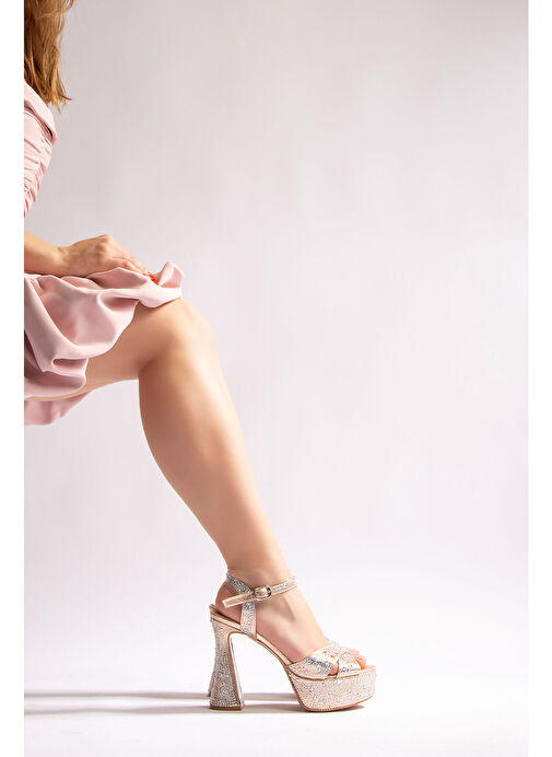 Camelia Kadın Abiye Platform Topuklu Ayakkabı Altın Taşlı - Görsel 6