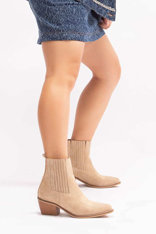 Milan Gerçek Deri Kadın Western Bot Bej Süet - Görsel 5
