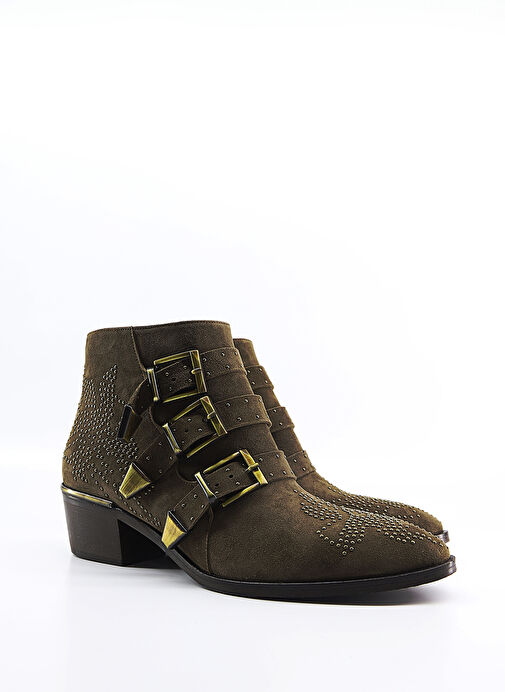 Susanna Gerçek Deri Topuklu Kadın Bot Haki Süet - Görsel 5