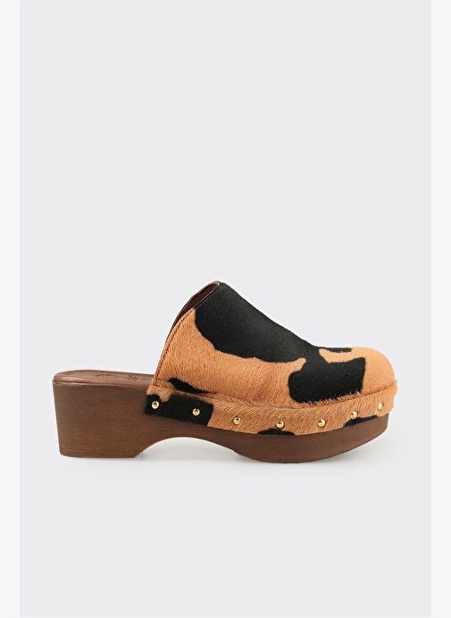 Bej Hayvan Desenli Deri Kadın Terlik - Görsel 2