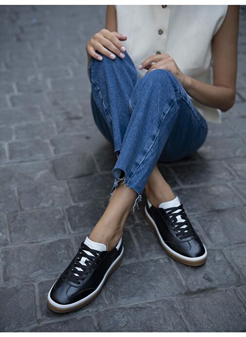 Ece'nin Butiği Siyah-Beyaz Kadın Deri Sneaker Kubo-1 - Görsel 6