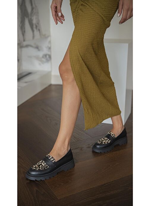 Ece'nin Butiği Siyah-Leopar Kadın Deri Loafer Orban-22 - Görsel 6