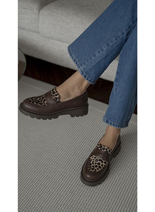 Orban Kahve-Leopar Hakiki Deri Kadın Makosen Ayakkabı - Görsel 3