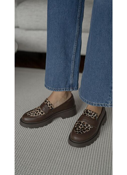 Orban Kahve-Leopar Hakiki Deri Kadın Makosen Ayakkabı - Görsel 4