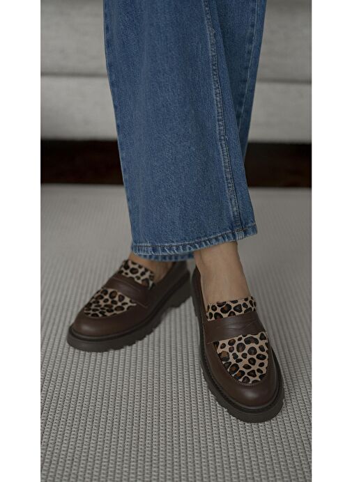 Orban Kahve-Leopar Hakiki Deri Kadın Makosen Ayakkabı - Görsel 6