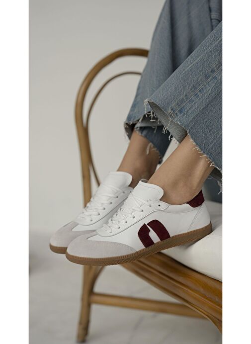 Tolisso Beyaz-Bordo Hakiki Deri Spor Ayakkabı - Görsel 2