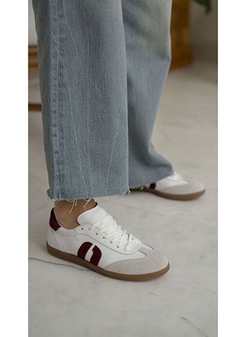Tolisso Beyaz-Bordo Hakiki Deri Spor Ayakkabı - Görsel 3