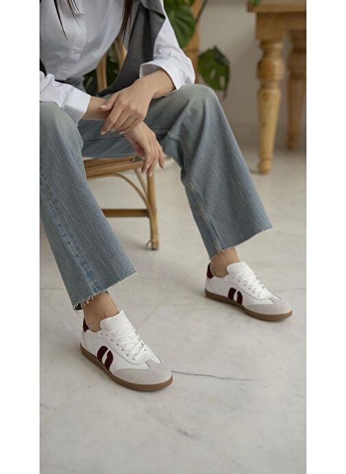 Tolisso Beyaz-Bordo Hakiki Deri Spor Ayakkabı - Görsel 5