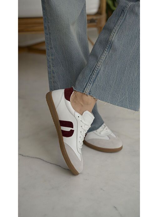 Tolisso Beyaz-Bordo Hakiki Deri Spor Ayakkabı - Görsel 7