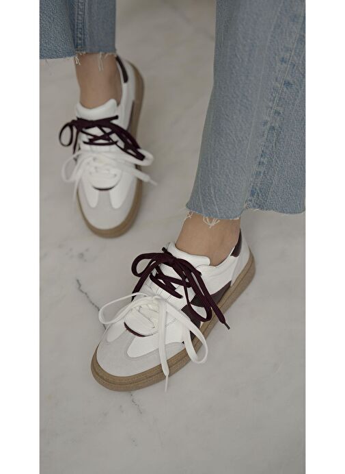 Wendel Beyaz-Bordo Hakiki Deri Spor Ayakkabı - Görsel 2