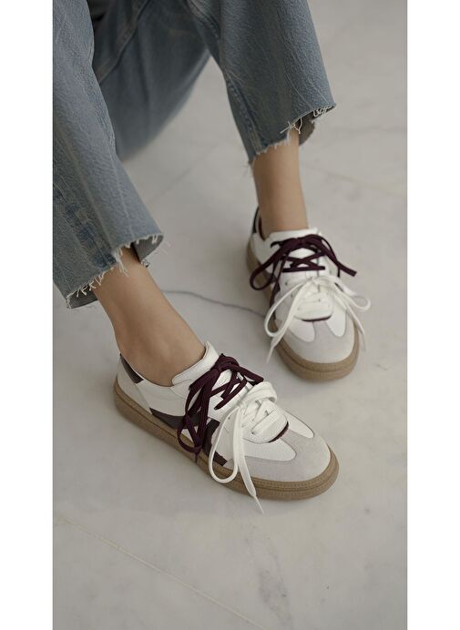 Wendel Beyaz-Bordo Hakiki Deri Spor Ayakkabı - Görsel 3
