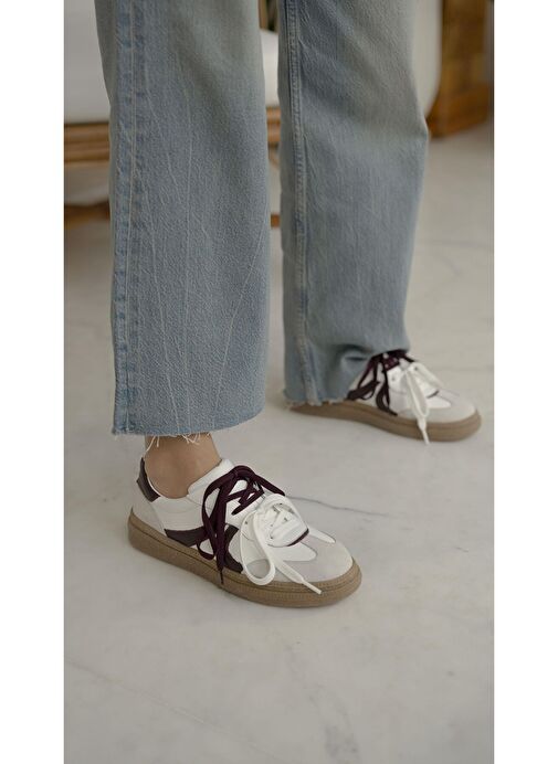 Wendel Beyaz-Bordo Hakiki Deri Spor Ayakkabı - Görsel 4