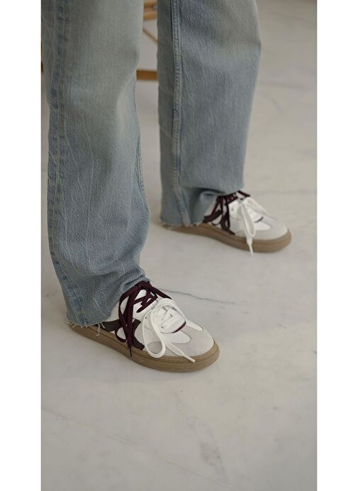 Wendel Beyaz-Bordo Hakiki Deri Spor Ayakkabı - Görsel 5