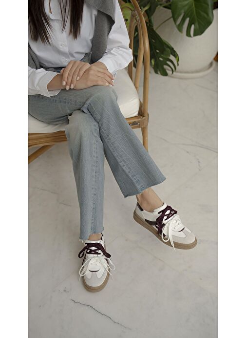 Wendel Beyaz-Bordo Hakiki Deri Spor Ayakkabı - Görsel 7