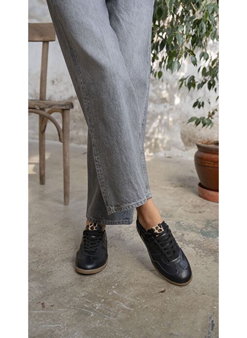 Solomon Siyah-Leopar Hakiki Deri Kadın Spor Ayakkabı - Görsel 2