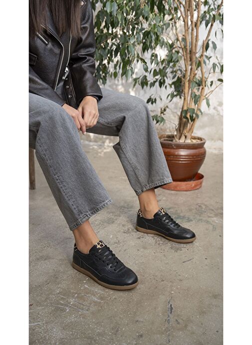 Solomon Siyah-Leopar Hakiki Deri Kadın Spor Ayakkabı - Görsel 3