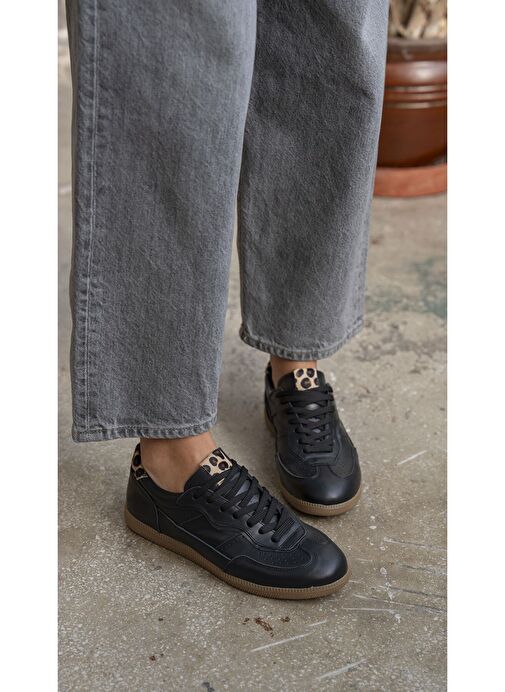 Solomon Siyah-Leopar Hakiki Deri Kadın Spor Ayakkabı - Görsel 4