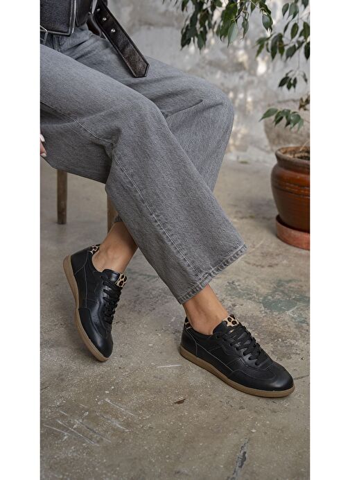 Solomon Siyah-Leopar Hakiki Deri Kadın Spor Ayakkabı - Görsel 5