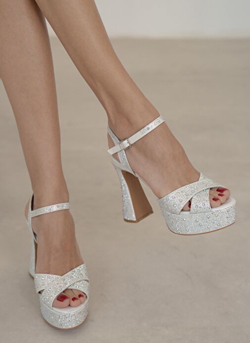 Sabonis Beyaz Taşlı Topuklu Ayakkabı - Görsel 3