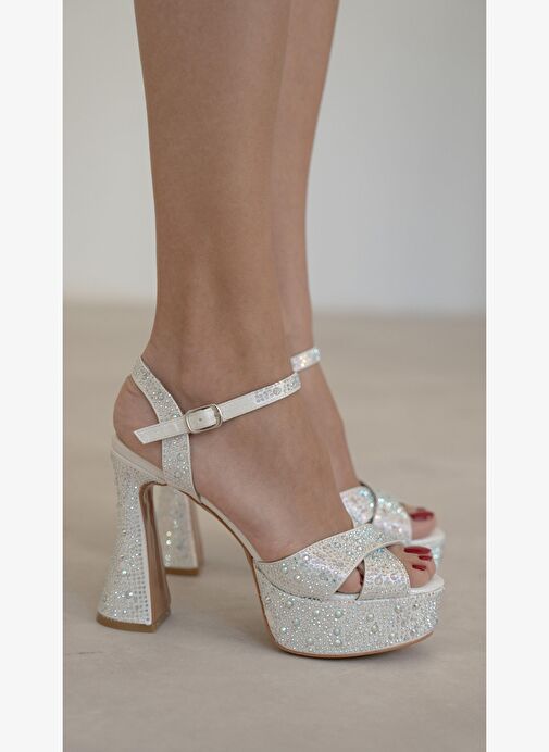 Sabonis Beyaz Taşlı Topuklu Ayakkabı - Görsel 2