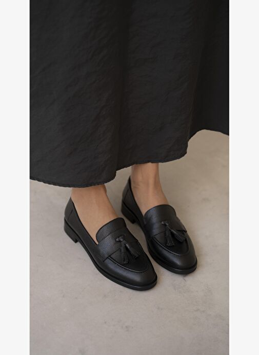 Pippa Siyah Hakiki Deri Kadın Makosen Ayakkabı - Görsel 4