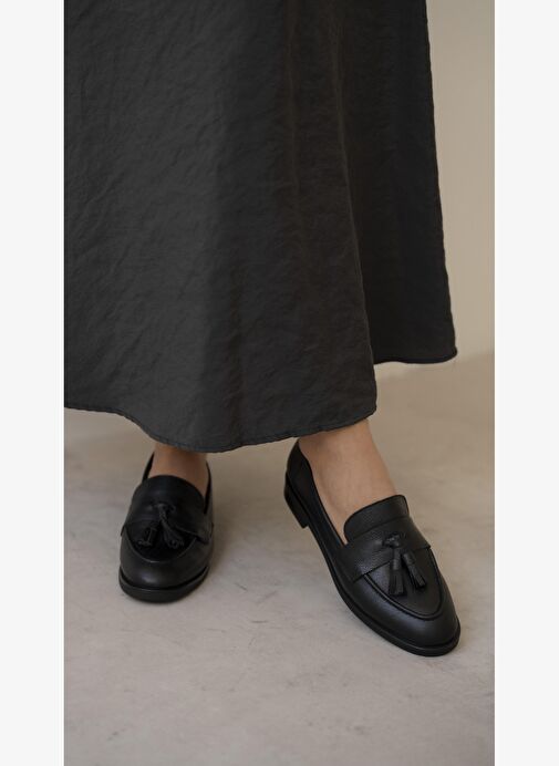 Pippa Siyah Hakiki Deri Kadın Makosen Ayakkabı - Görsel 5