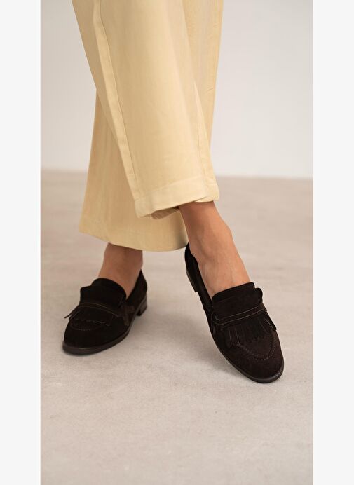 Poet Kahve Süet Hakiki Deri Kadın Makosen Ayakkabı - Görsel 2